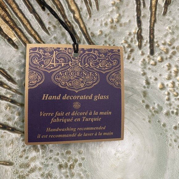 Artistic Accent Hand Decorated Glass Made In Turkey Green Gold Dish Bowl Decor - Picture 3 of 9